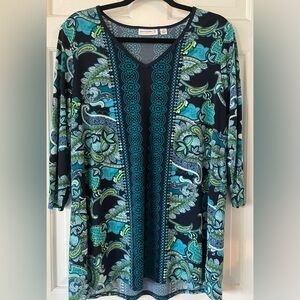 Susan Graver Navy Teal Blue Green Paisley Floral 3/4 Length Sleeve Top Size MED